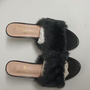 Allegra k Black Fur Slide Sandals Brand New